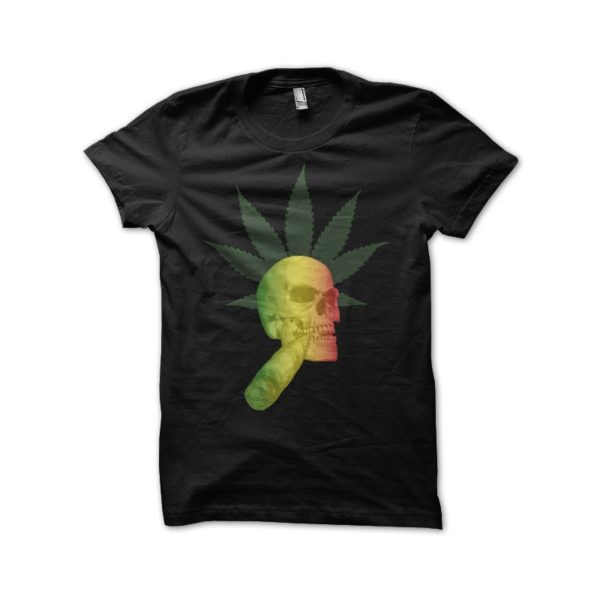 Rasta Tee-Shirt T-shirt ganja skull smoking weed black