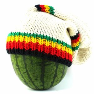 Beanie White Long Forehead and Middle Stripes Green Yellow Red Black