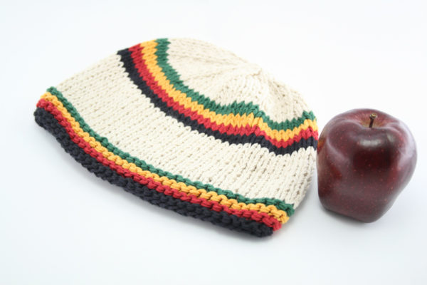 Beanie White Short Forehead and Middle Stripes Green Yellow Red Black