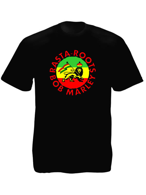 Bob Marley Rasta-Roots Black T-shirt Short Sleeves Rastafari Lion