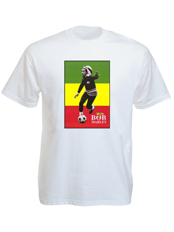 Bob Marley Soccer White T-shirt Short Sleeves Green Yellow Red Flag
