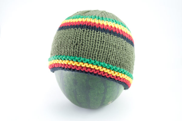 Beanie Green Short Forehead and Middle Stripes Green Yellow Red Black