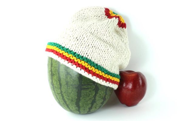 Beanie White Short Small Stripes Green Yellow Red