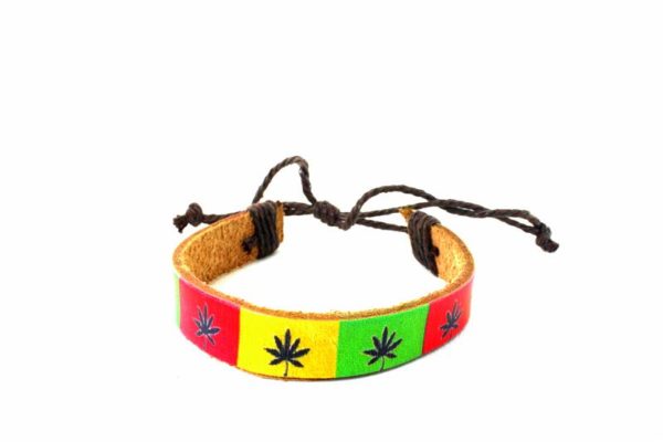 Leather Wristband Black Marijuana Leaves