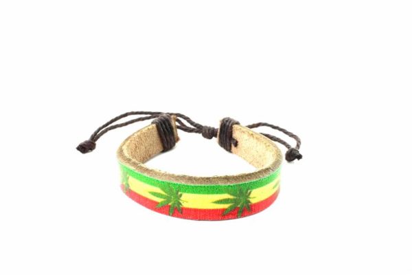Leather Wristband Green Cannabis Leaves