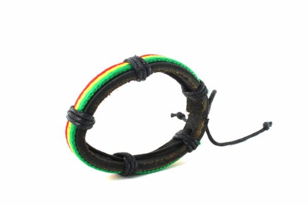 Leather Wristband Green Yellow Red Stripes Cuff