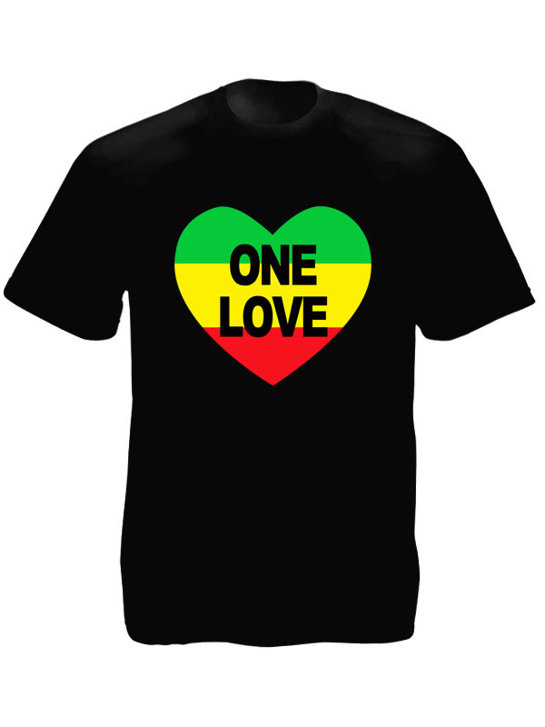 One Love Rasta Colors Heart Black Tee-Shirt